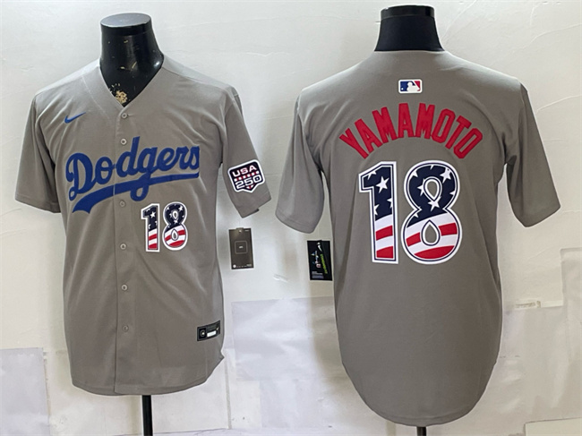 Men's Los Angeles Dodgers #18 Yoshinobu Yamamoto Grey USA 250 Fourth of July Stitched Baseball Jersey